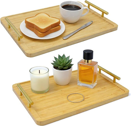 2 Pack Bamboo Serving Tray with Handles, 15.8×11.4“ Solid Wooden Tray for Food, Rectangular Tray for Ottoman, Coffee Table, Living Room
