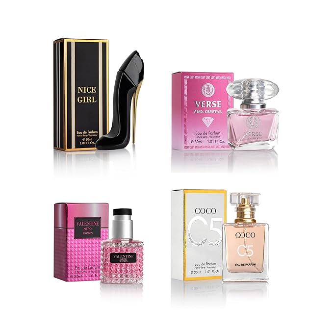 Essential 4 PC Mini Perfume Set, Birthday Gift Set for Women, Eau De Parfum 30ml Each, Vanilla Perfume & Floral Fragrance, Long-Lasting Travel Size, C5, Verse Pink Crystal, Nice Girl & Valentine