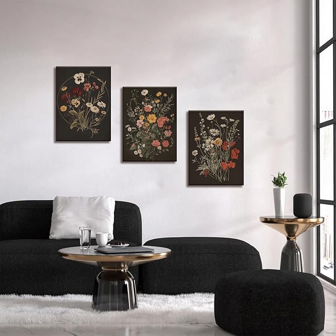 TUEASKY 3 Piece Dark Floral Canvas Wall Art Vintage Botanical Wall Art Moody Flower Decor Black Wildflower Art Prints for Living Room Bedroom Office 12x16in Framed