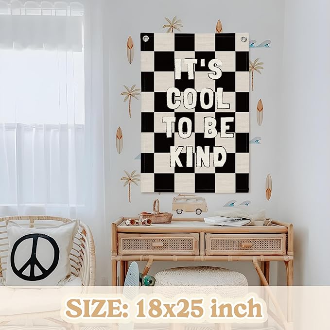 Kids Room Decor,Black and White Classroom Checkered Decor,Be Kind Inspirational Office Decor,Linen Canvas Wall Hanging Flag for Nursery Playroom Classroom 18x25 Inch
