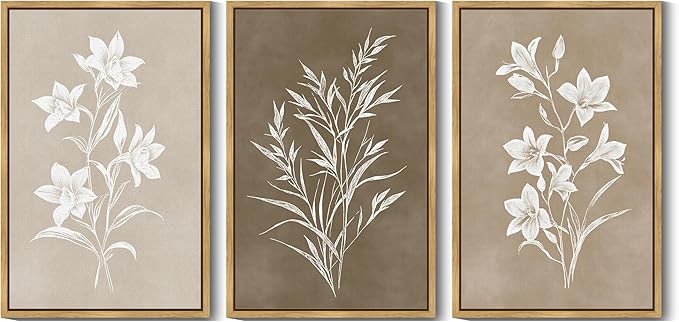KUVIOKE Vintage Botanical Flower Framed Wall Art Colorful Neutral Boho Floral Wall Decor Botanical Retro Wildflower Modern Art Prints Rustic Home Decor 24x36in (Natural Framed)