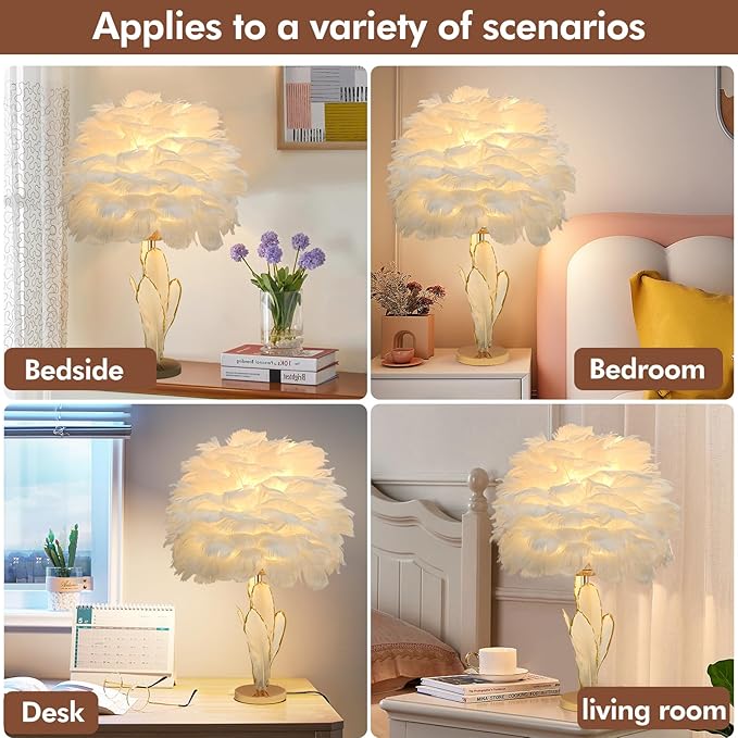 Chic White Feather Lamp Creative Furry Table Lamp Modern Feather Desk Lights Romantic Princess Bedside Nightstand Light for Teen Girls Bedroom Decor Living Room Wedding Christmas Kids Room