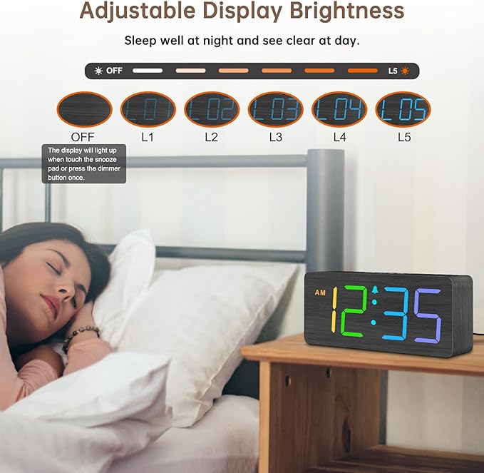 DreamSky Wooden Digital Clock for Bedroom Desk - RGB Loud Alarm Clock for Heavy Sleepers with Volume Control, Large Numbers with Dimmer for Living Room Office, Wood Decor (Plug in Clock)