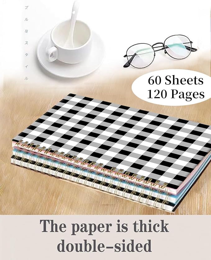 Spiral Journal Notebook,A5 Hardcover Lined Journals for Women 6 x 8.3 in,60 Sheets 120 Pages Thick Paper,Cute College Ruled Writing Notebook for Office Work School(Black White Check Lattice Plaid)