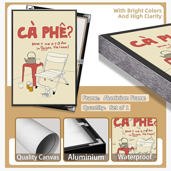 Metal Black Frame Vintage Vietnamese Coffee Culture Wall Art Outdoor Folding Chair Tea Set Canvas Poster Meet Me At 5 Am In Saigon Vietnam Print Minimalist Decor for Living Room Decoration 12x16inch
