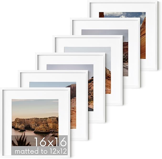 HAUS AND HUES 16x16 White Aluminum Frame Set of 6 - Matted to 12x12, Hanging Hardware, Shatterproof Plexiglass (16x16 in, White)
