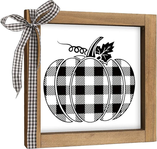 Black and White Checkered Pumpkin Sign, Wooden Fall Halloween Thanksgiving Decorative Signage Plaques Decor, Indoor Table Shelf Tiered Tray Desk Wall Art Rustic Farmhouse Home Decorations