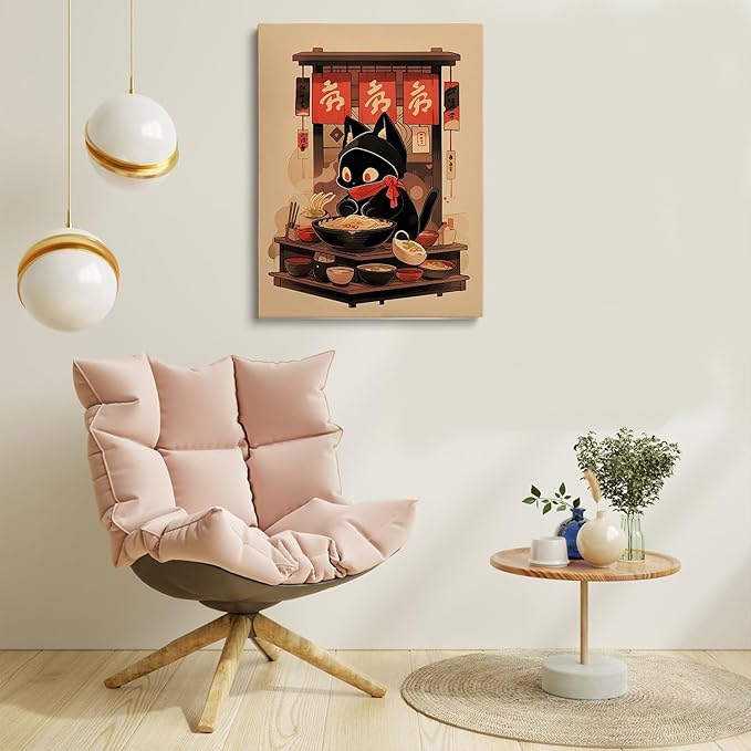 Ramen Shop Cat Poster,Noodle Black Cat Poster,Vintage Ramen Print,Lucky Cat Print,Tokyo Print,Funny Cat Shop Owner Art,Edo Period,Kitchen Wall Decor24x36 Framed
