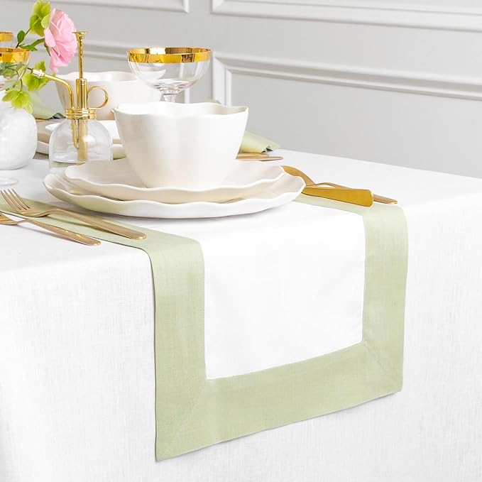 Solino Home Linen Table Runner 36 Inches - 100% Pure Linen Sage Green and White Table Runner 14 x 36 Inch Ideal for Dresser and Coffee Tables - Winter, Spring, Easter, St Patricks Day - Contempo