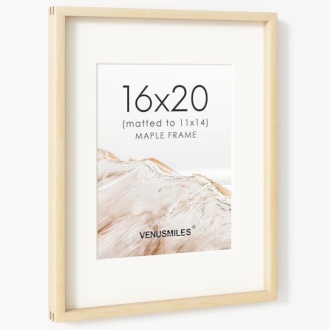 16 x 20 Picture Frame, USA-Sourced Natural Maple Wood Photo Collage Frame with HD Tempered Glass, Modern Simple 16x20 Wooden Frame Matted to 11x14, Vertical & Horizontal Wall Hanging Display