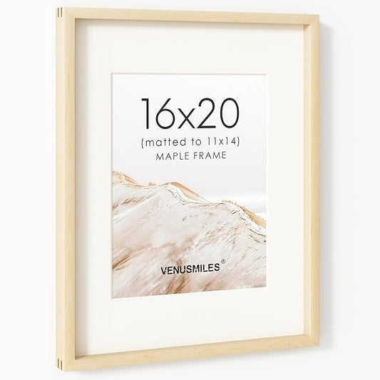 16 x 20 Picture Frame, USA-Sourced Natural Maple Wood Photo Collage Frame with HD Tempered Glass, Modern Simple 16x20 Wooden Frame Matted to 11x14, Vertical & Horizontal Wall Hanging Display