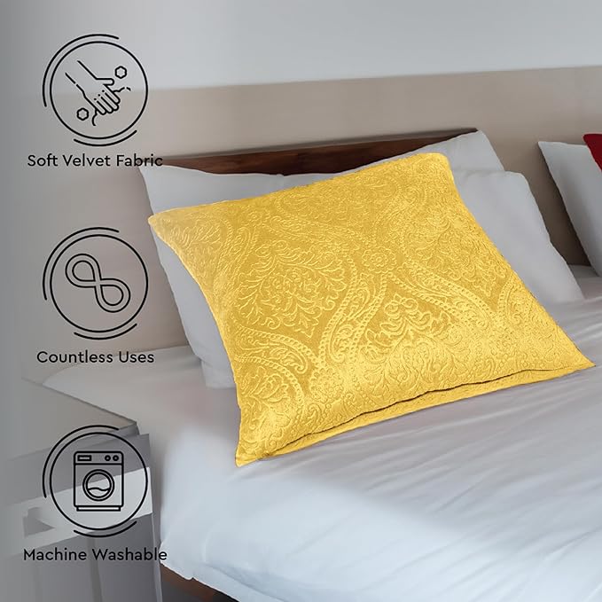 Encasa XO Luxury Embossed Velvet Throw Pillow Covers - Plush Cushion Covers for Elegant Living Rooms & Bedrooms, Machine Washable, 20"x20" Lemon Yellow | Set of 2 | Covers Only No Insert