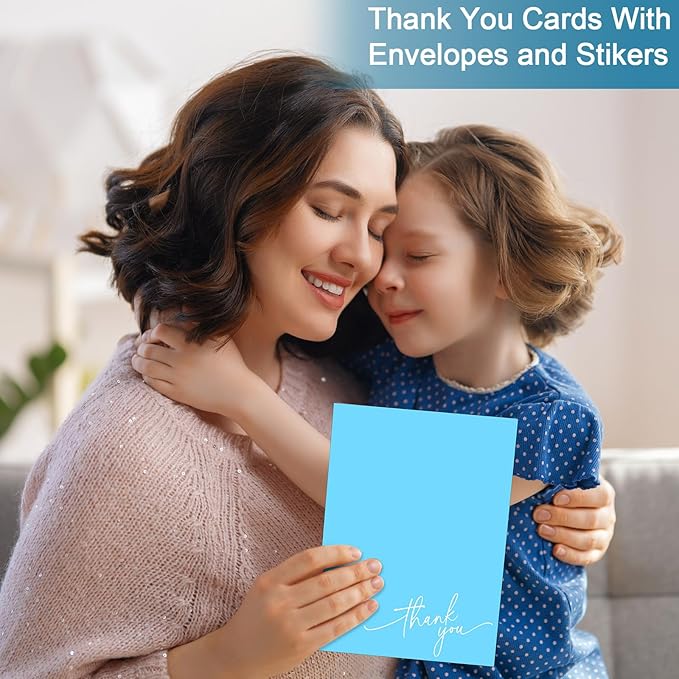 Gueevin 200 Pcs Thank You Cards with Kraft Envelopes and Stickers Bulk, 3.5 x 5 Inch Classy Blank Thank You Notes for Wedding, Business, Graduation, Baby Shower, Bridal Shower, Funeral (Light Blue)