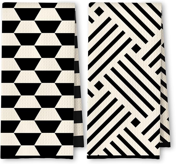 Black and White Kitchen Towels Set of 2, Boho Minimalist Abstract Dish Tea Towels for Kitchen Decor, Retro Mid Century Modern Hand Towels for Bathroom Decor, 16x24 Inches