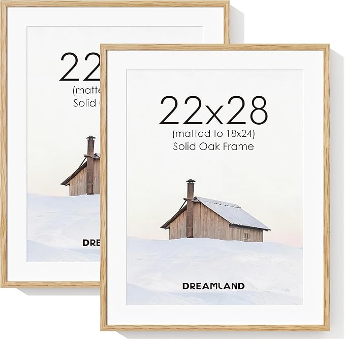 Dreamland Natural Oak Wood Picture Frame 22x28, Wooden Poster Frame with Mat for 18x24, 22 x 28 Matted Picture Frames with Tempered Real Glass for Wall Art Photo and Prints, Oak Color, Set of 2