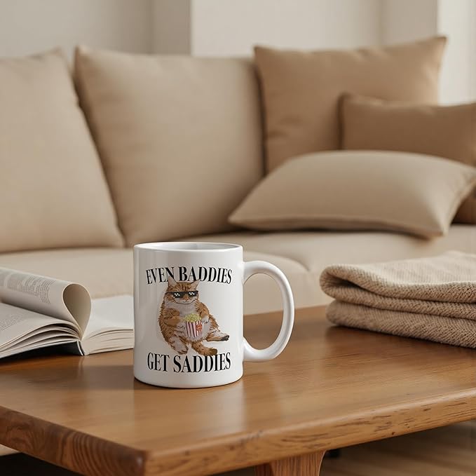 Funny Orange Cat Meme Mug 11 oz, Mental Health Gifts, Anxiety Relief Gifts Coffee Cups Ceramic, Even Baddies Get Saddies Ceramic Mug for Coffee Tea Hot Cocoa Home Office Work