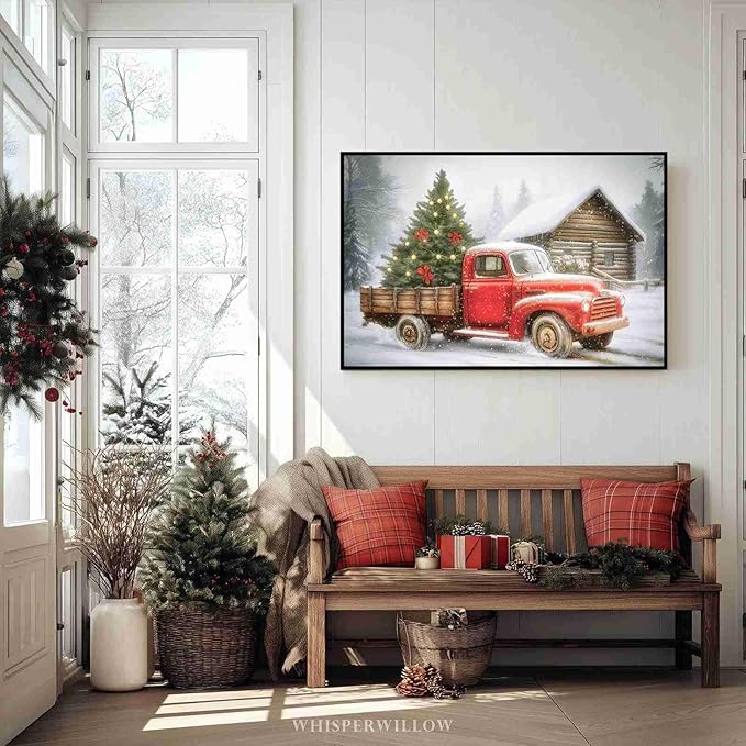 Red Truck Christmas Tree Vintage Holiday Wall Art Winter Snow Scene Poster Nostalgic Truck Canvas Print Indoor Decor for Home Living Room Bedroom Office Dining Room Farmhouse Framed Ready to Hang