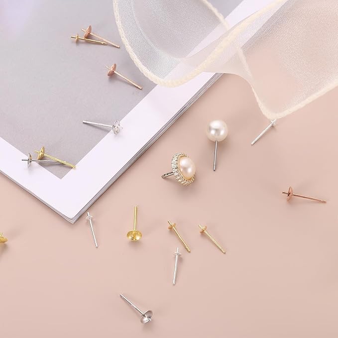 uxcell 3 Set 925 Sterling Silver Earring Posts, Pearl Cup Pad Earring Stud Blanks for DIY Earrings Jewelry Making Findings, Gold Plated, 2.5mm/0.1" Cup Size