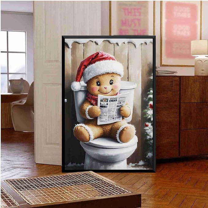 Framed Canvas Wall Art Gingerbread on the Toilet Funny Christmas Poster Bathroom Wall Art Toilet Trendy Christmas Decor 12x18in Metal blackFramed
