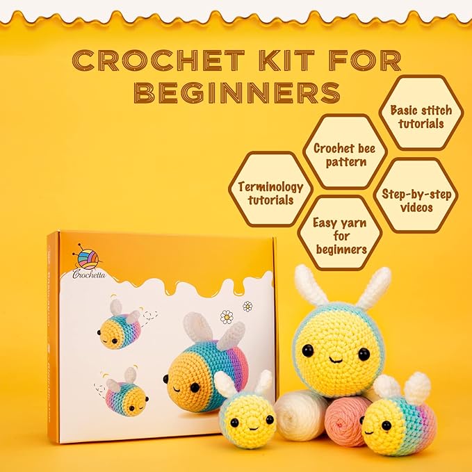 Crochetta Crochet Kit for Beginners, Beginner Crochet Starter Kit with Step-by-Step Video Tutorials, Beginner Crochet Kit for Adults, Knitting Kit for Beginners, 3 Bee (40%+ Yarn Content)