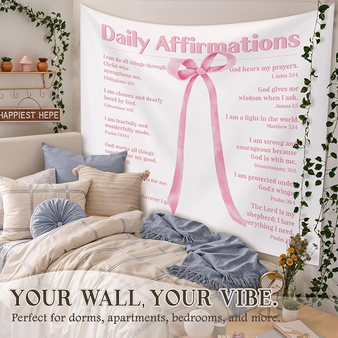 STHTTSW Pink Coquette Bow Dorm Tapestry Aesthetic, Daily Affirmations Tapestries Wall Blanket, Pink Wall Hanging Decor for Teen Girl Women School Counselor Therapy Office, 50x60 Inch