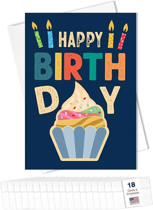 Happy Birthday Cards Bulk Greeting Card Set (Delicious) 18 Pack & White Envelopes - 5x7 Inch Birthday Theme for Family, Women, Men, Coworkers & Office (B2407)