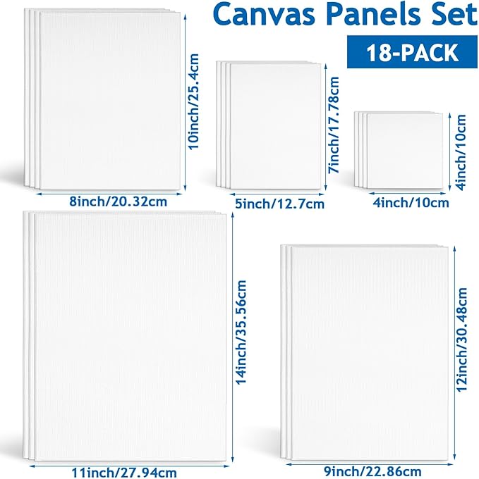 18 Pack Canvas Boards for Painting, Multi Pack 4x4, 5x7, 8x10, 9x12, 11x14 Blank Cotton Canvas Panels, Gesso Primed Acid-Free Painting Canvases for Watercolor Acrylic Oil Tempera Paints