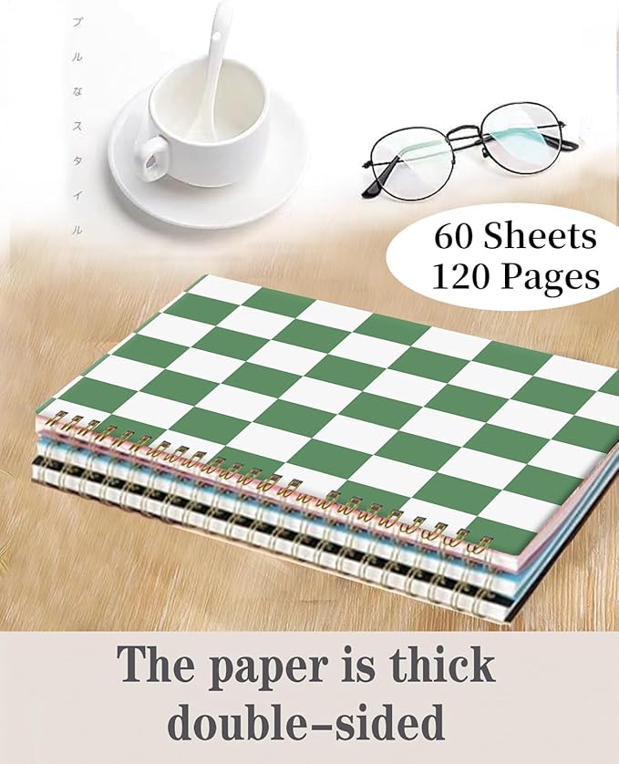 Spiral Journal Notebook,A5 Hardcover Lined Journals for Women 6 x 8.3 in,60 Sheets 120 Pages Thick Paper,Cute College Ruled Writing Notebook for Office Work School(Green Checkered)
