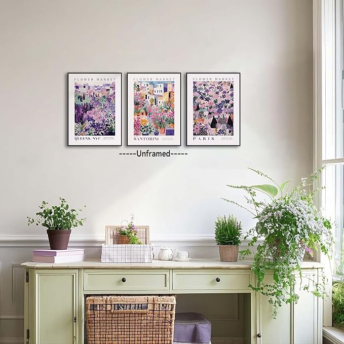 XLARTMY Flower Market Wall Art Prints Canvas Purple and Pink Floral Paintings Colorful Botanical Travel Flower Posters for Home Decor Pictures Set of 3 for Living Room Bedroom 12x16in Unframed
