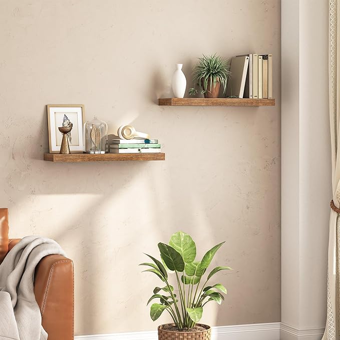 HOOBRO Floating Shelves for Wall, Wall Mounted Shelf Set of 2, 31.5" Hanging Shelf with Invisible Brackets, for Wall in Bathroom, Bedroom, Toilet, Kitchen, Living Room, Office, Rustic Brown BF80BJP201