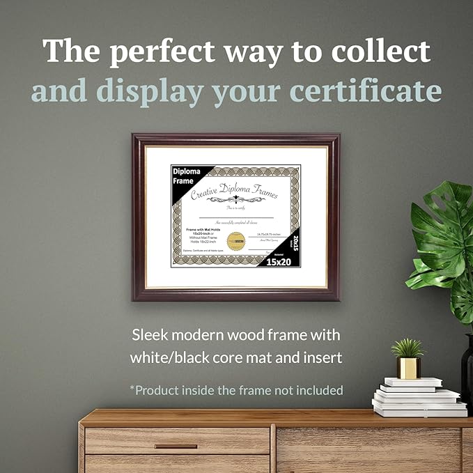 Creative Picture Frames 15x20 Mahogany Gold Rim Diploma Frame with White Mat Glass and Installed Wall Hangers | Frame Holds 18x22 Media without Mat