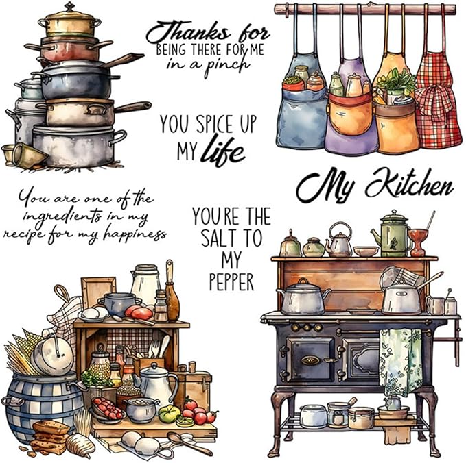Kitchen Utensils Pots Stamps and Cutting Dies for Card Making DIY Transparent Silicone Clear Stamp and Metal Die Cuts Sets for Scrapbooking Paper Greeting Cards Decor Seals Craft Supplies
