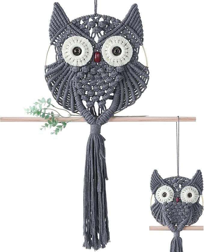 MVSUTA Owl Grey Cotton Handmade Macrame Wall Hanging Tapestry Home Decor Art and Gray Craft Wonderful Decoration Woven Boho Ornament for Office Bedroom Apartment Living Nursery Gallery,2pcs set:1pc L