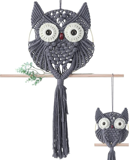 MVSUTA Owl Grey Cotton Handmade Macrame Wall Hanging Tapestry Home Decor Art and Gray Craft Wonderful Decoration Woven Boho Ornament for Office Bedroom Apartment Living Nursery Gallery,2pcs set:1pc L