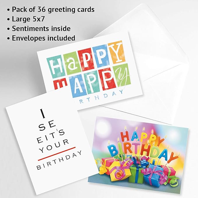 Current Mega Birthday Greeting Card Variety Value Pack – Set of 36 (18 Designs), Large 5 x 7 inches, Envelopes Included