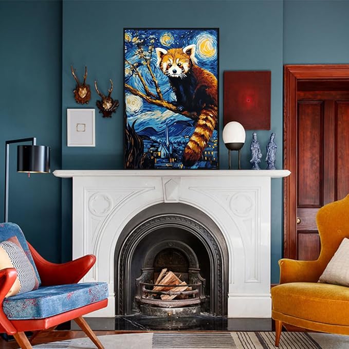 Red Panda Canvas Wall Art, Creative Starry Night Oil Painting Reproduction, Funny Panda Picture Classic Blue Aesthetic Poster, Famous Artist Artwork Print Animal Lover Gift 16x24in Wrapped Canvas