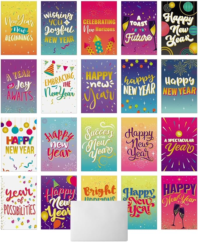 Dessie 40 Unique New Years Cards Boxed with Envelopes & Stickers, 4” x 6” Gold Foil Happy New Year Greeting Cards Assortment Box, Bulk Variety Pack