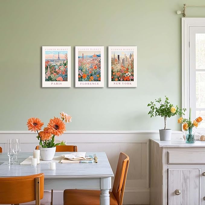 XLARTMY Flower Market Wall Art Prints Canvas Orange and Pink Floral Paintings Colorful Botanical Travel Flower Posters for Home Decor Pictures Set of 3 for Living Room Bedroom 12x16in