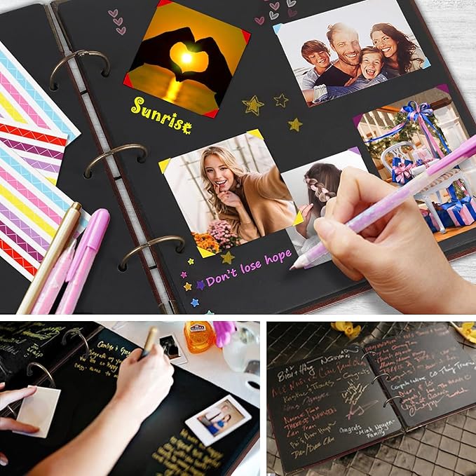 Photo Album or DIY Scrapbook (10x10 inch 50 Pages Double Sided), Vintage Leather Cover Three-Ring Binder Picture Booth Albums with 9 Colors 408pcs Self Adhesive Photos Corners for Memory Keep