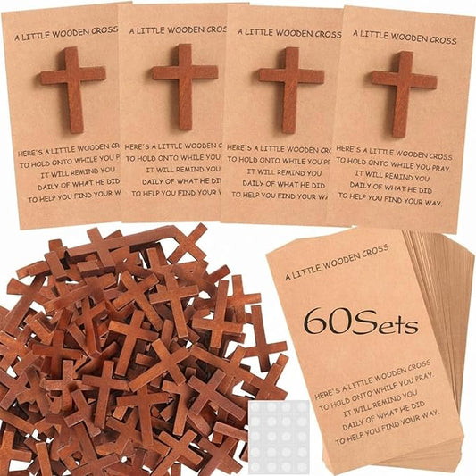 Bucherry 60 Set Pocket Hug Token Bulk Hug Greeting Cards with Mini Wooden Cross Greeting Cards Keepsake Exchange Card Relationship Gift for Friends Colleagues Family Christians Church Gifts (Brown)