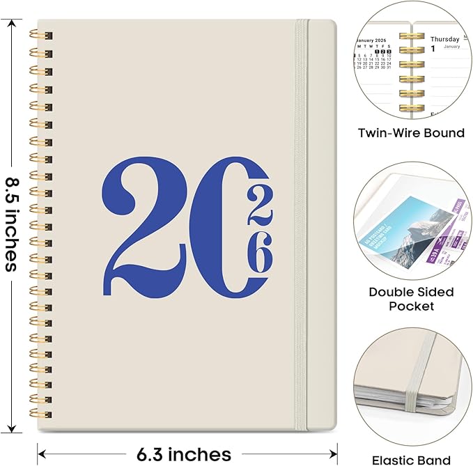 2026 Planner, Weekly and Monthly Calendar Planner for Women, Jan 2026 - Dec 2026, Hardcover Planning Agenda book with Tabs, Spiral Bound, Inner Pocket, Perfect for School Office Supplies, 6.3" x 8.5" - Gray