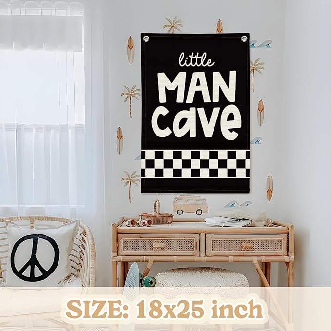 Boys Room Decor,Little Man Cave Sign for boys,Little Man Cave Linen Canvas Banner,Kids Room Wall Hanging Flag Banner, Adventure Nursery Sign for Baby and Kids, Playroom Wall Hanging Flag 18x25 Inch