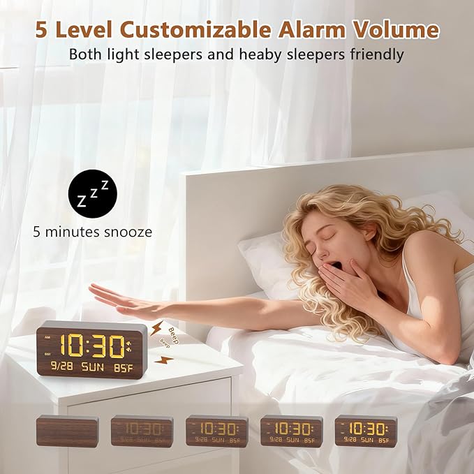 Wooden Digital Alarm Clock for Bedroom - Desk Clock with Date, Day of Week, Temperature, Dual Alarms, Dimmer, USB Port Charge, DST, Adjustable Volume for Living Room/Office Wood Decor (Brown)