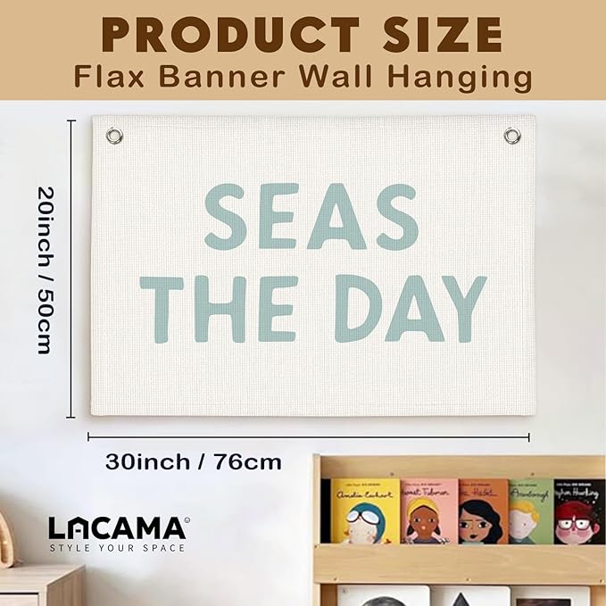 Lacama Beach Theme Wall Decor for Boys Room, Coastal Kids Playroom Nursery Hanging Sign, Seas The Day Linen Canvas Banner, Rustic Nautical Surf 30x20 Inch