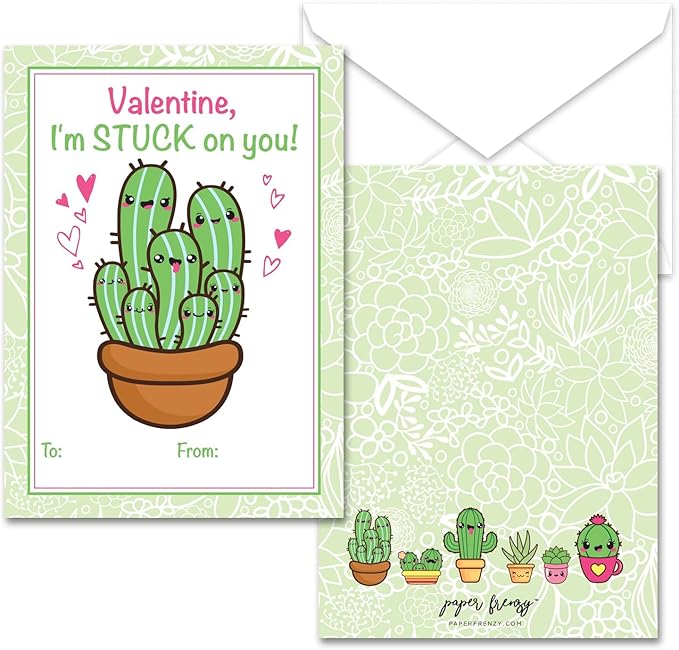 Paper Frenzy Succulent Themed Valentines - 25 pack WITH ENVELOPES
