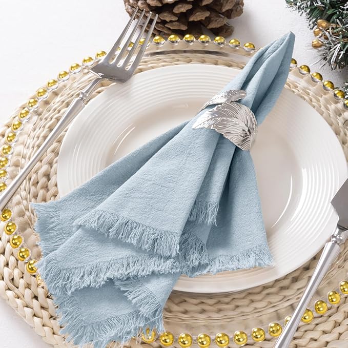6 Pack Gray- Blue Cotton Linen Napkins with Fringe Spring Cloth Napkins Set of 6 Boho Handmade Dinner Napkins Bulk for Wedding Bridal Baby Shower Valentine's Day, 17 x 17 Inches