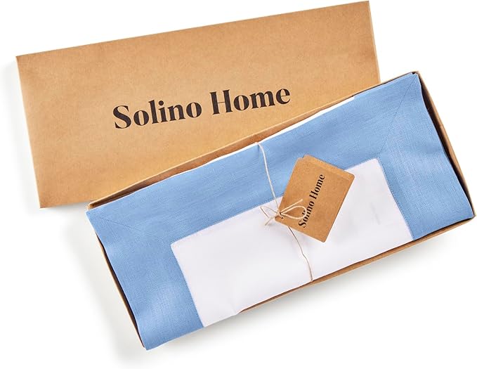 Solino Home Linen Table Runner 90 Inches Long - Cornflower Blue and White 100% Pure Linen 14 x 90 Inch Table Runner for Dining, Winter, Spring, Easter - Contempo