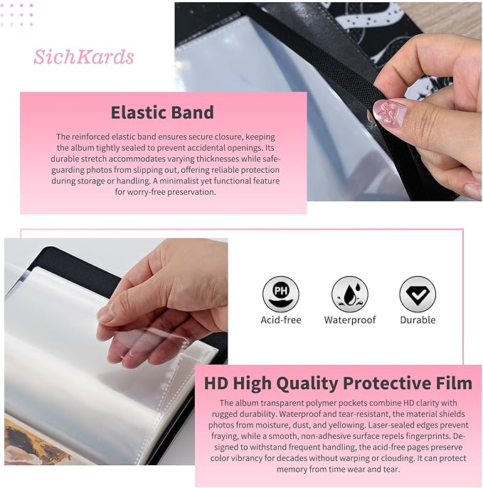 Mini Photo Album 2x3,60 Photos Capacity,PU Leather Cover with Elastic Band,High Definition Waterproof PP Pages for Family Wedding Anniversary Baby Record,Black Cat Wildflower