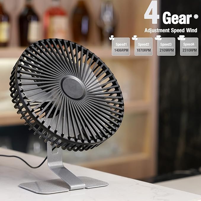 SLENPET 6 inch USB Desk Fan, 4 Speeds, Ultra-quiet, 90° Adjustment for Better Cooling, Portable Mini Powerful Desktop Table Fan, Small Personal Fan for Home Office, Metal Base, Silver