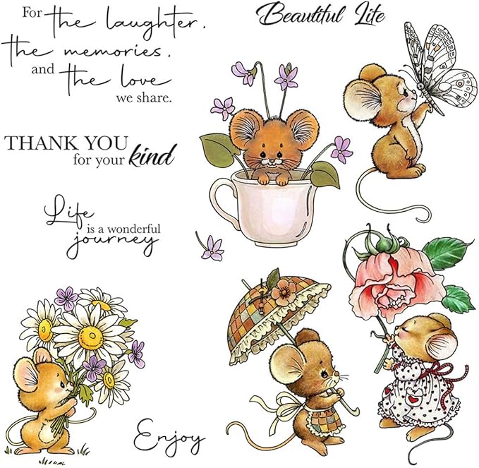 Mouse Holding Flowers Stamps and Cutting Dies for Card Making DIY Transparent Silicone Clear Stamp and Metal Die Cuts Sets for Scrapbooking Paper Greeting Cards Decor Seals Craft Supplies